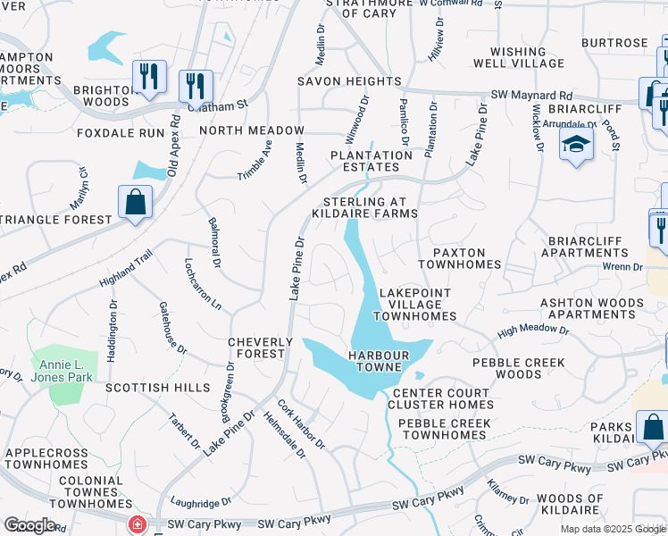 map of restaurants, bars, coffee shops, grocery stores, and more near 108 Linville River Road in Cary