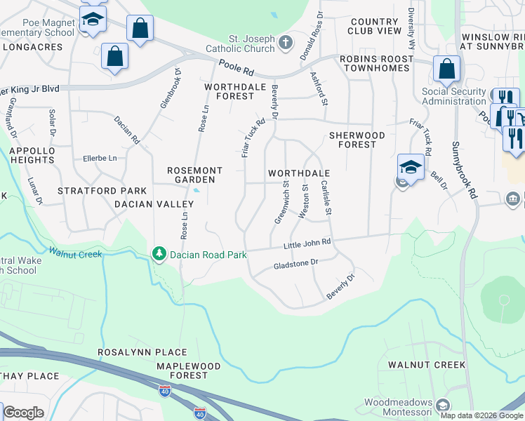 map of restaurants, bars, coffee shops, grocery stores, and more near 929 Beverly Drive in Raleigh