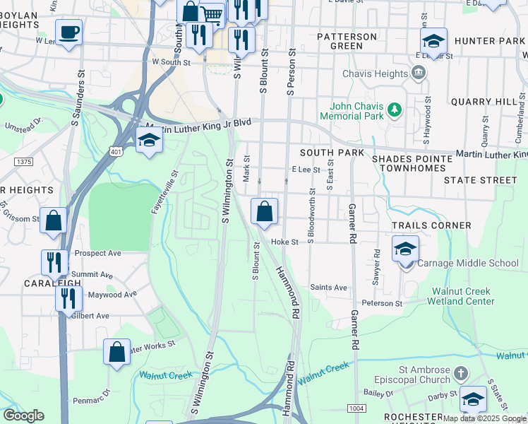 map of restaurants, bars, coffee shops, grocery stores, and more near 1330 South Blount Street in Raleigh