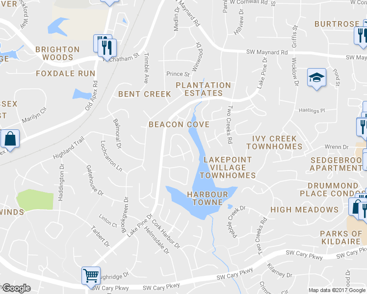 map of restaurants, bars, coffee shops, grocery stores, and more near 210 Riverwalk Circle in Cary