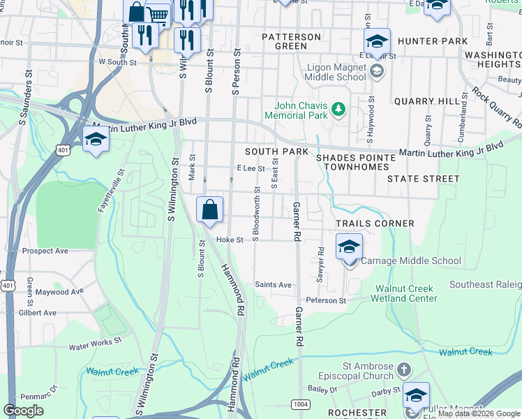 map of restaurants, bars, coffee shops, grocery stores, and more near 500 Branch Street in Raleigh