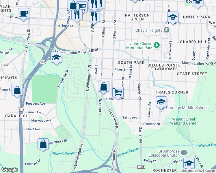 map of restaurants, bars, coffee shops, grocery stores, and more near 1242 Coach Station Alley in Raleigh