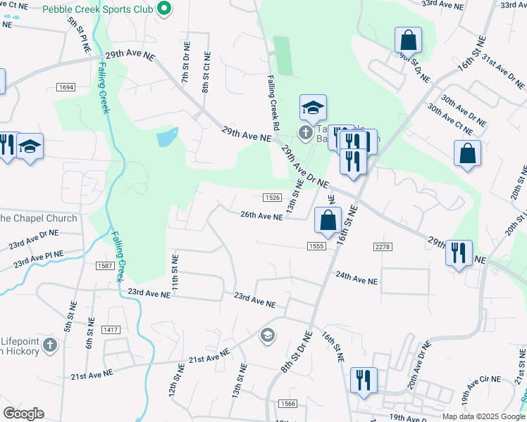map of restaurants, bars, coffee shops, grocery stores, and more near 1209 26th Avenue Northeast in Hickory