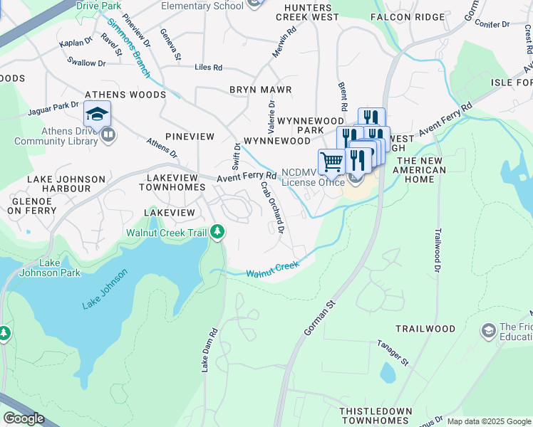 map of restaurants, bars, coffee shops, grocery stores, and more near 1025 Avent Hill in Raleigh