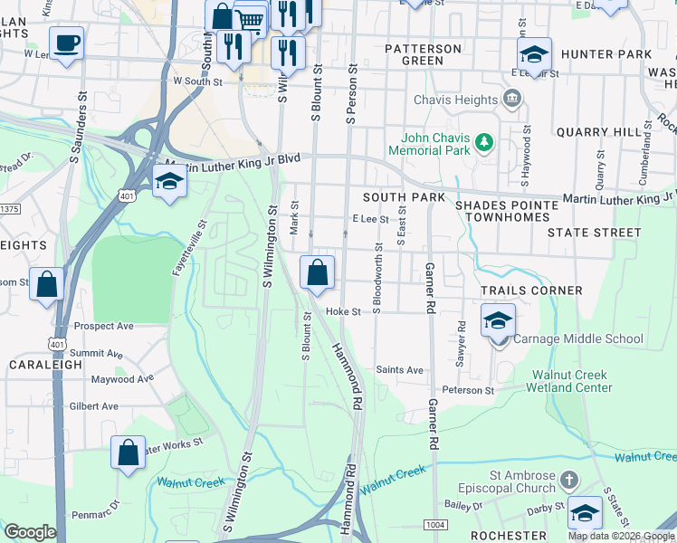 map of restaurants, bars, coffee shops, grocery stores, and more near 1302 South Person Street in Raleigh