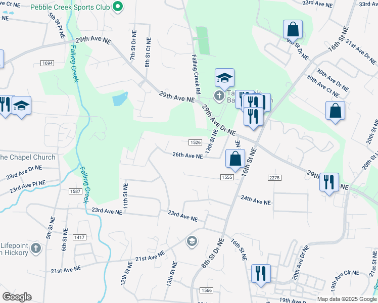 map of restaurants, bars, coffee shops, grocery stores, and more near 1209 26th Avenue Northeast in Hickory