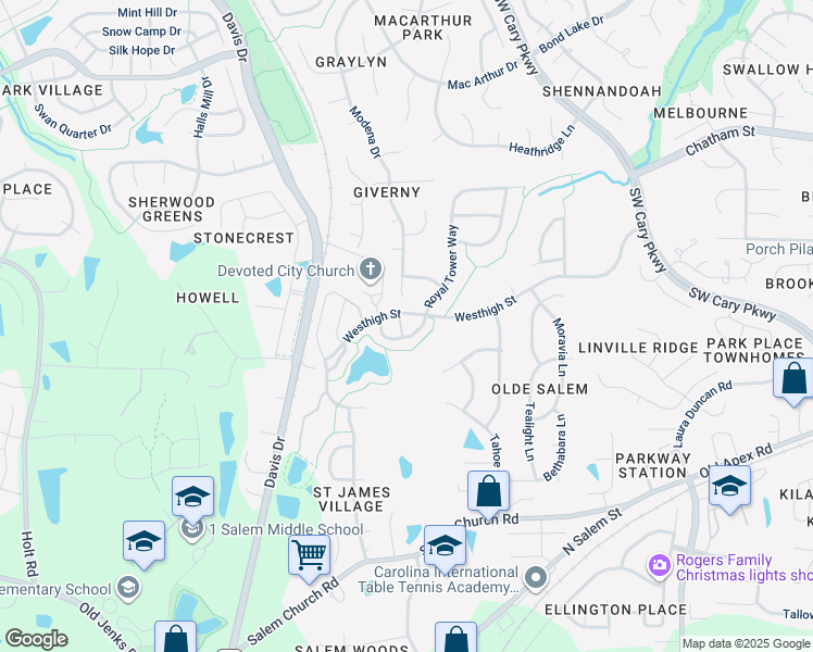 map of restaurants, bars, coffee shops, grocery stores, and more near 106 Courts Garden Way in Cary