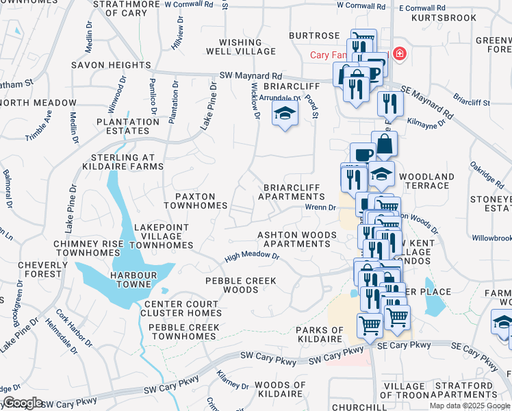 map of restaurants, bars, coffee shops, grocery stores, and more near 1334 Wicklow Court in Cary