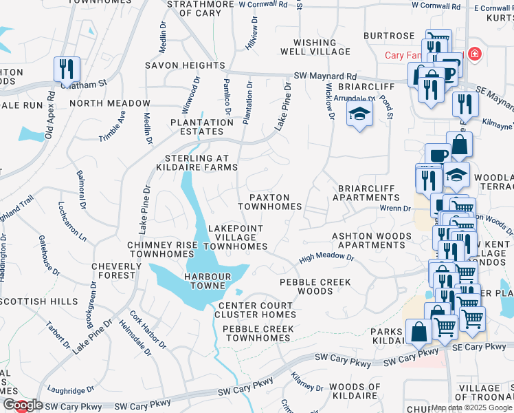 map of restaurants, bars, coffee shops, grocery stores, and more near 115 Planetree Lane in Cary