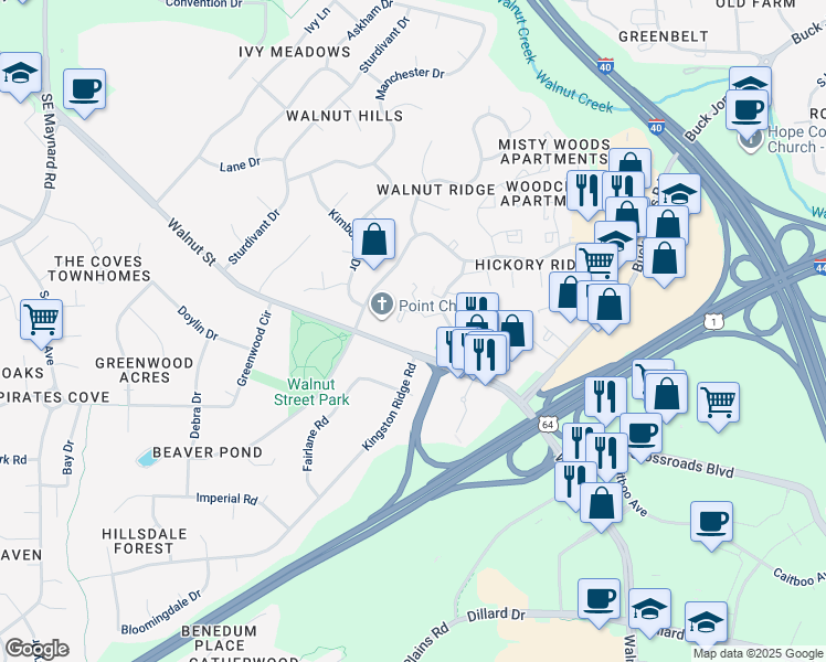 map of restaurants, bars, coffee shops, grocery stores, and more near 1513 Walnut Street in Cary