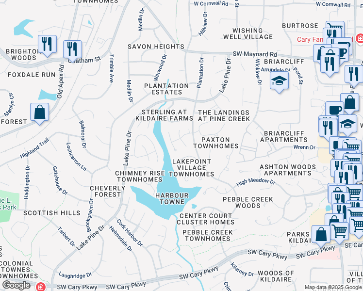 map of restaurants, bars, coffee shops, grocery stores, and more near 104 Silver Fox Court in Cary