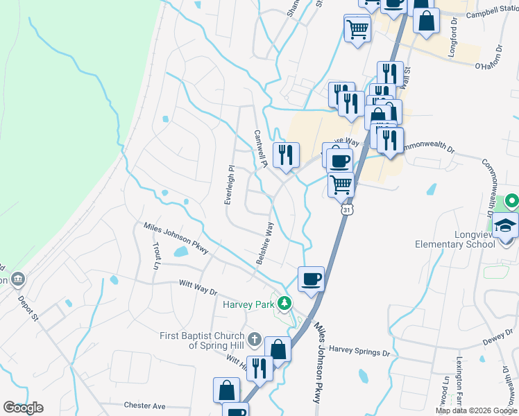 map of restaurants, bars, coffee shops, grocery stores, and more near 2054 Belshire Way in Spring Hill