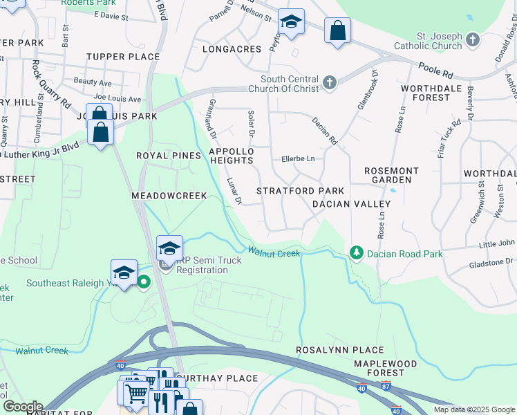 map of restaurants, bars, coffee shops, grocery stores, and more near 776 Lunar Drive in Raleigh