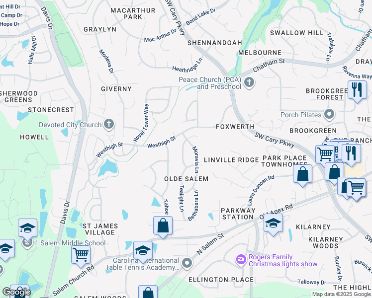 map of restaurants, bars, coffee shops, grocery stores, and more near 114 Kindred Way in Cary