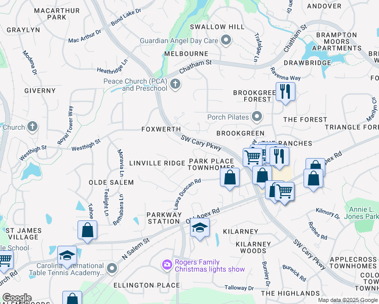 map of restaurants, bars, coffee shops, grocery stores, and more near 220 Vinca Circle in Cary