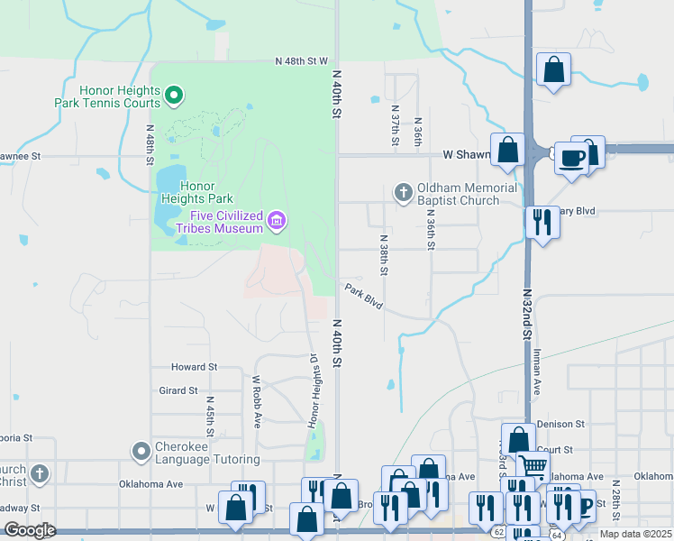 map of restaurants, bars, coffee shops, grocery stores, and more near 1335 North 40th Street in Muskogee