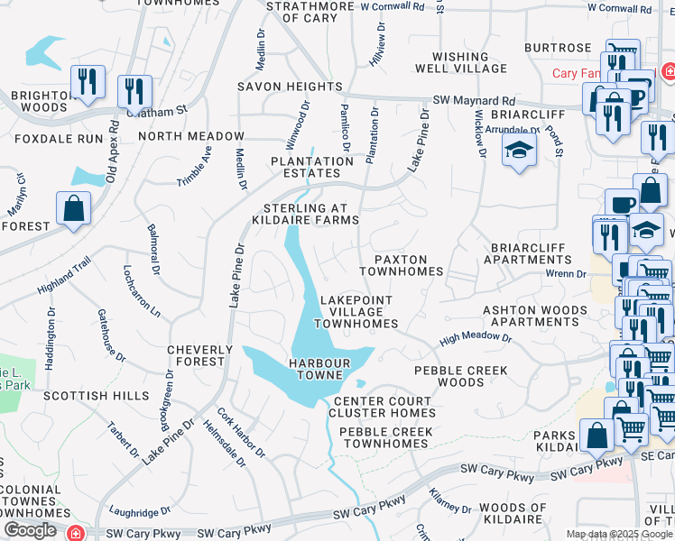 map of restaurants, bars, coffee shops, grocery stores, and more near 104 Silver Fox Court in Cary