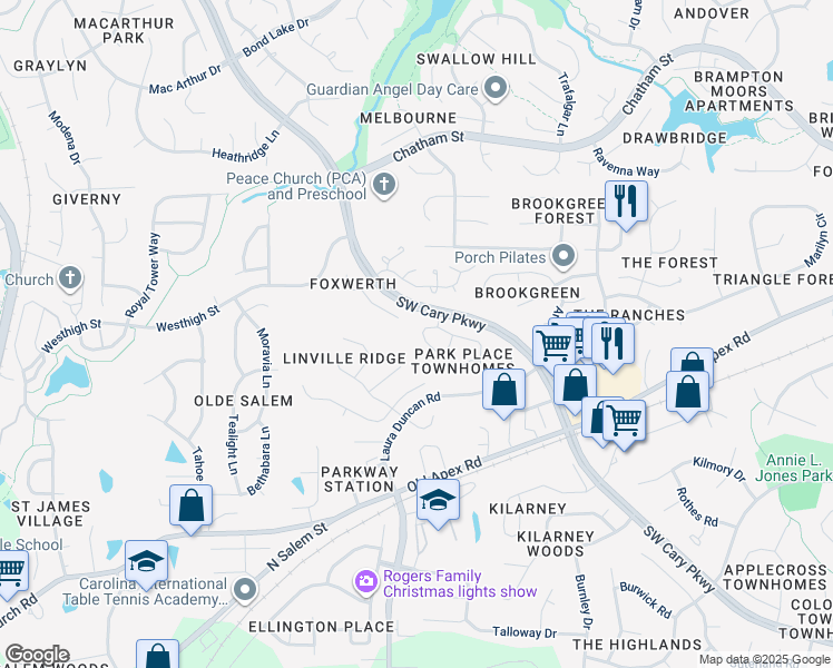 map of restaurants, bars, coffee shops, grocery stores, and more near 220 Vinca Circle in Cary