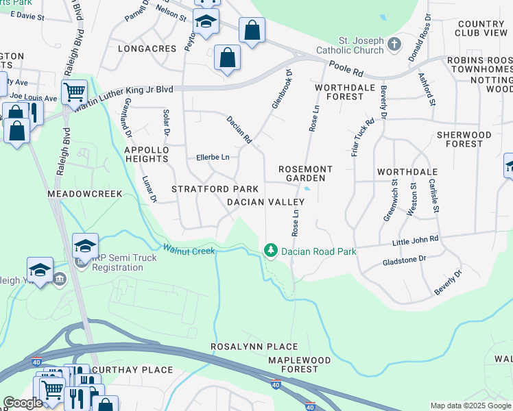 map of restaurants, bars, coffee shops, grocery stores, and more near 520 Dacian Road in Raleigh