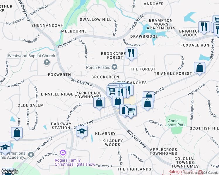 map of restaurants, bars, coffee shops, grocery stores, and more near 105 Majnun Lane in Cary