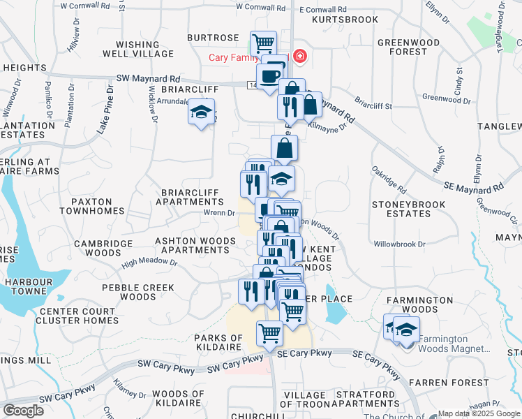 map of restaurants, bars, coffee shops, grocery stores, and more near 1182 Kildaire Farm Road in Cary