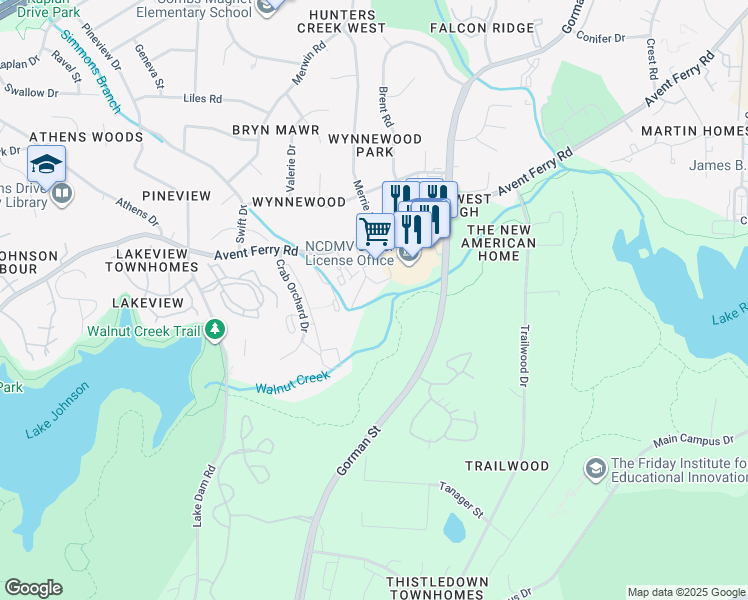 map of restaurants, bars, coffee shops, grocery stores, and more near 3416 Greek Way in Raleigh