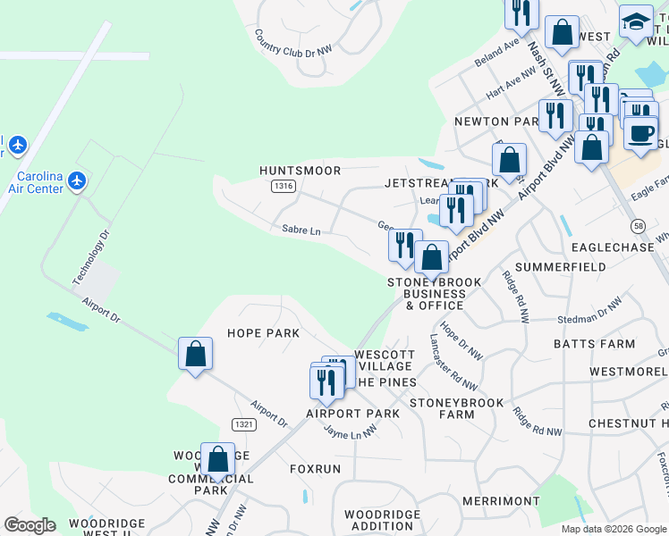 map of restaurants, bars, coffee shops, grocery stores, and more near 3419 Airport Boulevard Northwest in Wilson