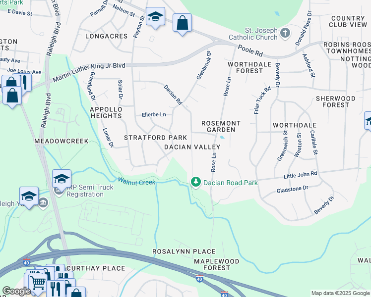 map of restaurants, bars, coffee shops, grocery stores, and more near 520 Dacian Road in Raleigh