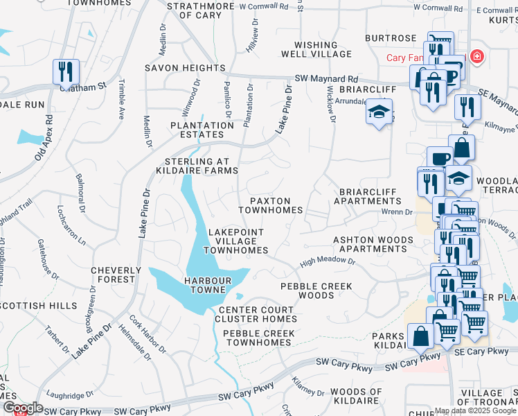 map of restaurants, bars, coffee shops, grocery stores, and more near 115 Planetree Lane in Cary