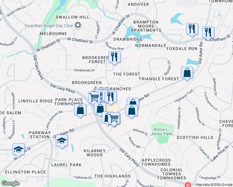 map of restaurants, bars, coffee shops, grocery stores, and more near 343 Ashton Ridge Lane in Cary