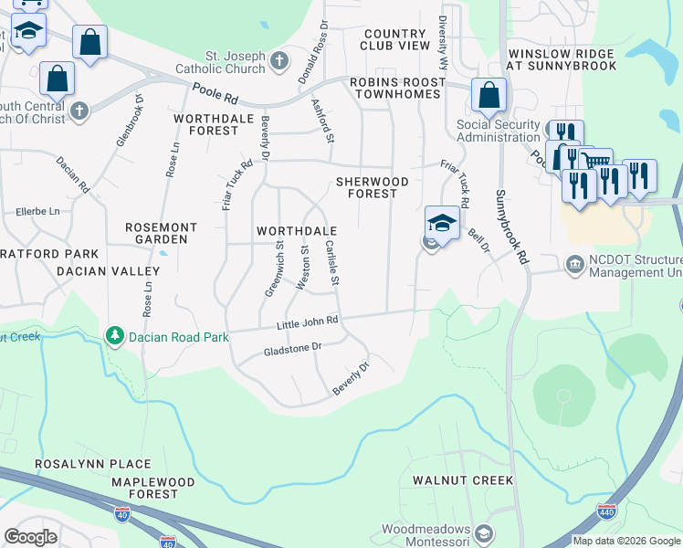 map of restaurants, bars, coffee shops, grocery stores, and more near 929 Carlisle Street in Raleigh