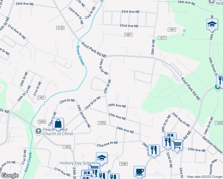 map of restaurants, bars, coffee shops, grocery stores, and more near 2515 27th Avenue Circle Northeast in Hickory