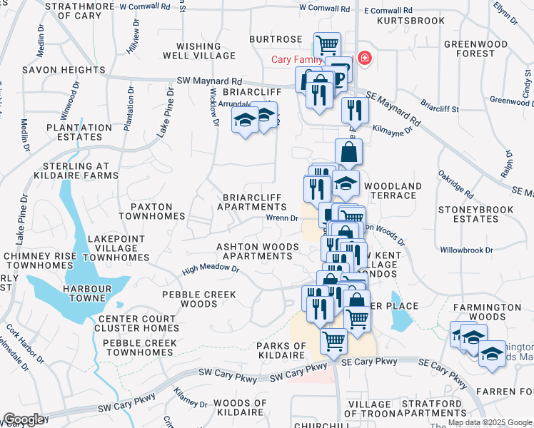 map of restaurants, bars, coffee shops, grocery stores, and more near 200 Wrenn Drive in Cary
