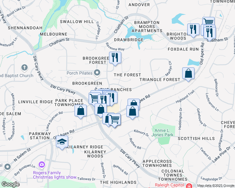 map of restaurants, bars, coffee shops, grocery stores, and more near 112 Buena Vista Drive in Cary