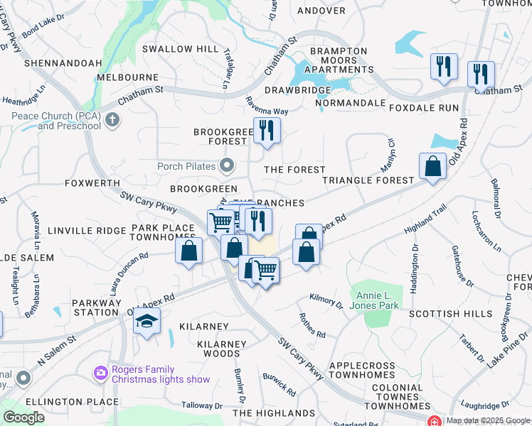 map of restaurants, bars, coffee shops, grocery stores, and more near 108 Buena Vista Drive in Cary