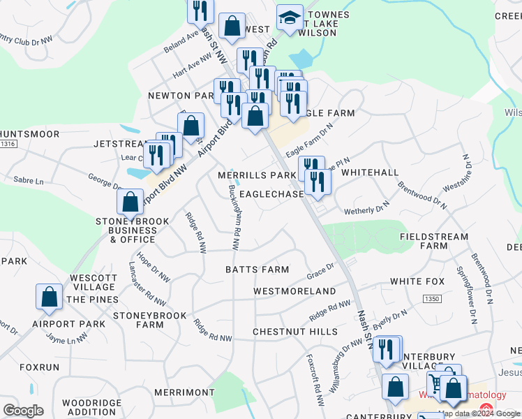 map of restaurants, bars, coffee shops, grocery stores, and more near 3402 Goldfinch Lane in Wilson