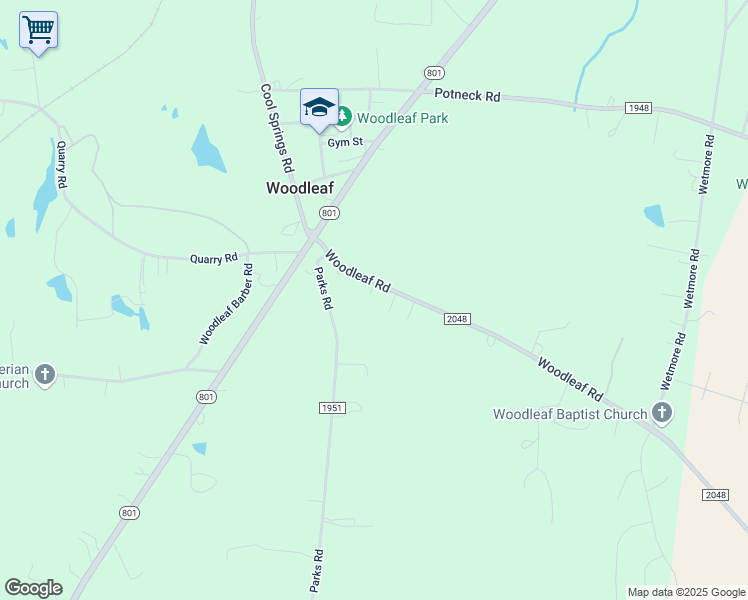 map of restaurants, bars, coffee shops, grocery stores, and more near 8635 Woodleaf Road in Woodleaf