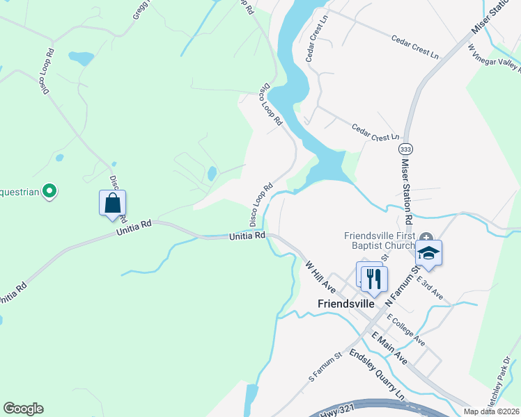 map of restaurants, bars, coffee shops, grocery stores, and more near 122 Disco Loop Rd in Friendsville
