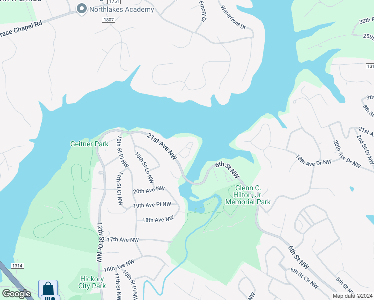 map of restaurants, bars, coffee shops, grocery stores, and more near 1050 21st Avenue Northwest in Hickory