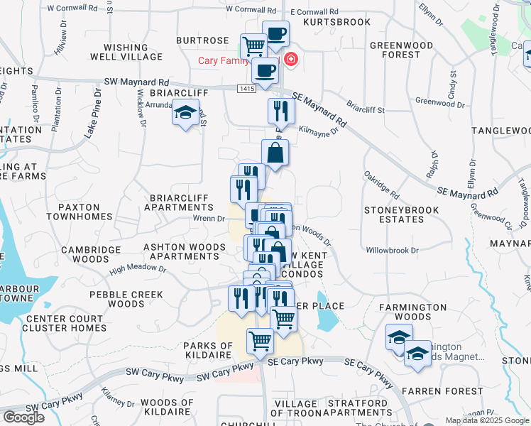 map of restaurants, bars, coffee shops, grocery stores, and more near 1182-1198 Kildaire Farm Road in Cary