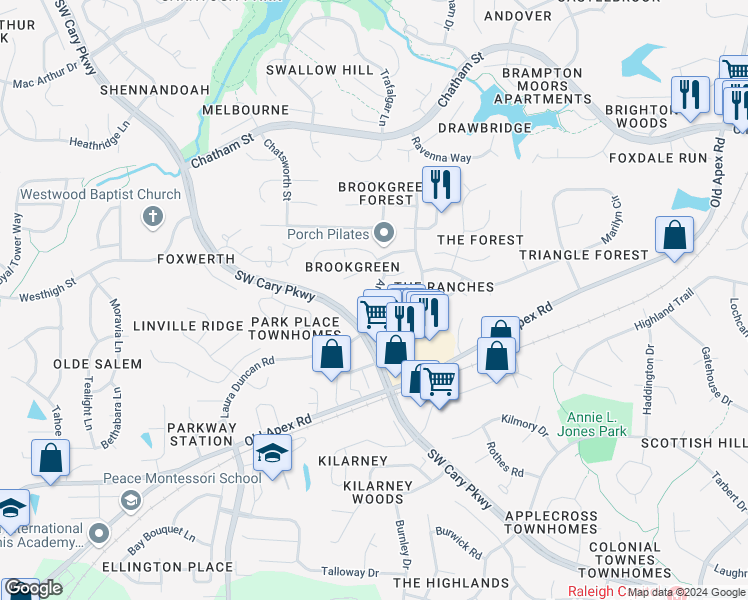 map of restaurants, bars, coffee shops, grocery stores, and more near 101 Majnun Lane in Cary