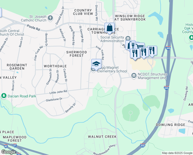 map of restaurants, bars, coffee shops, grocery stores, and more near 825 Cooper Road in Raleigh