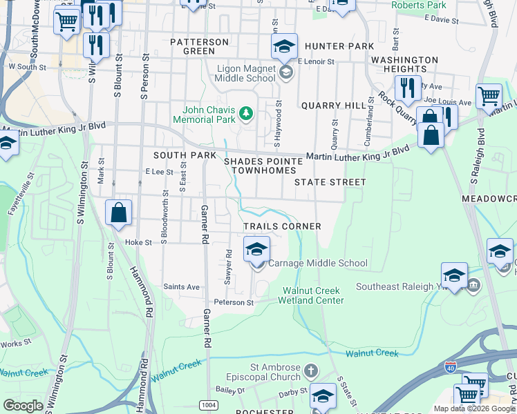 map of restaurants, bars, coffee shops, grocery stores, and more near 1304 Highcourt Drive in Raleigh