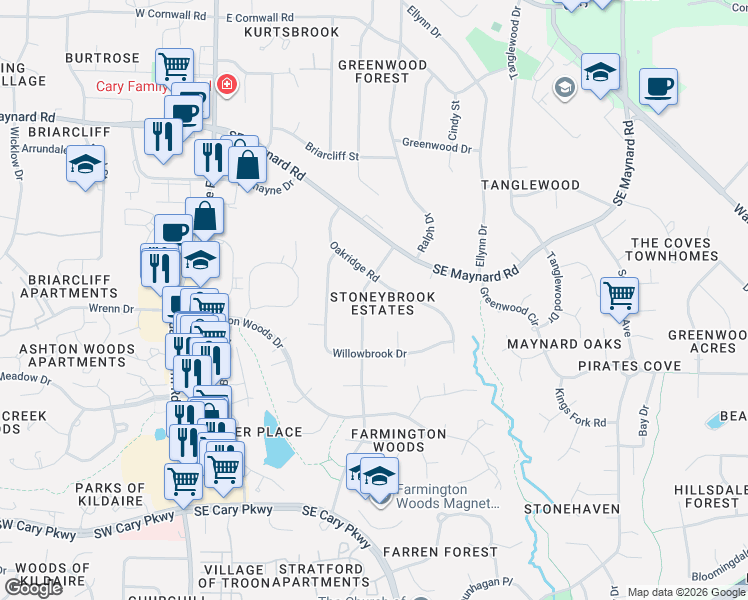 map of restaurants, bars, coffee shops, grocery stores, and more near 1310 Hampton Valley Road in Cary