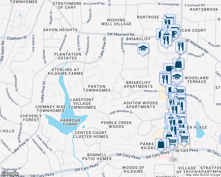 map of restaurants, bars, coffee shops, grocery stores, and more near 201 Virens Drive in Cary