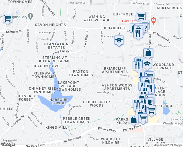 map of restaurants, bars, coffee shops, grocery stores, and more near 201 Virens Drive in Cary