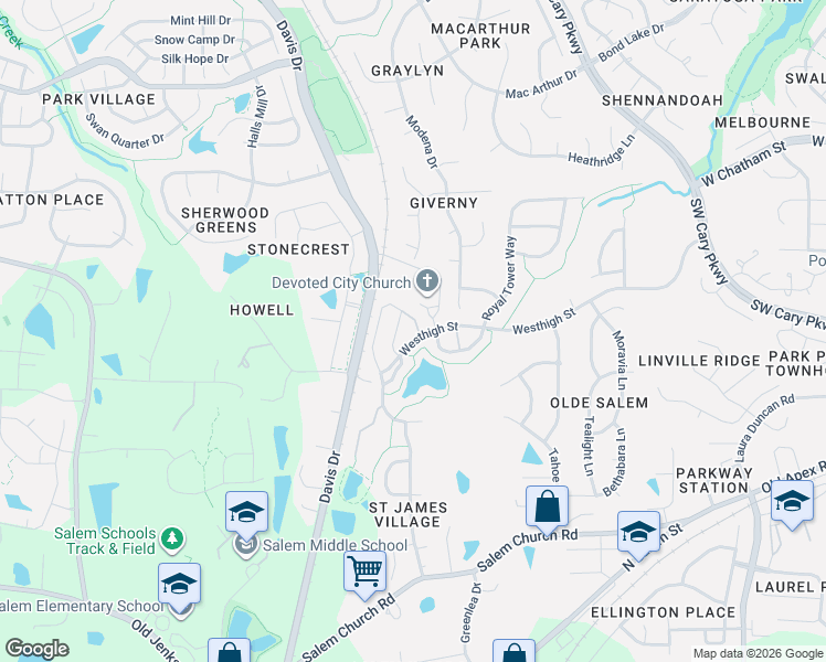 map of restaurants, bars, coffee shops, grocery stores, and more near 503 Hilltop View Street in Cary