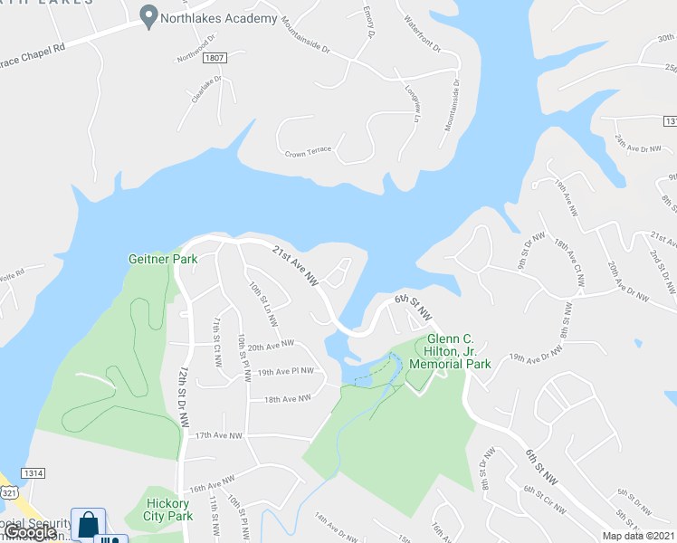 map of restaurants, bars, coffee shops, grocery stores, and more near 1050 21st Avenue Northwest in Hickory