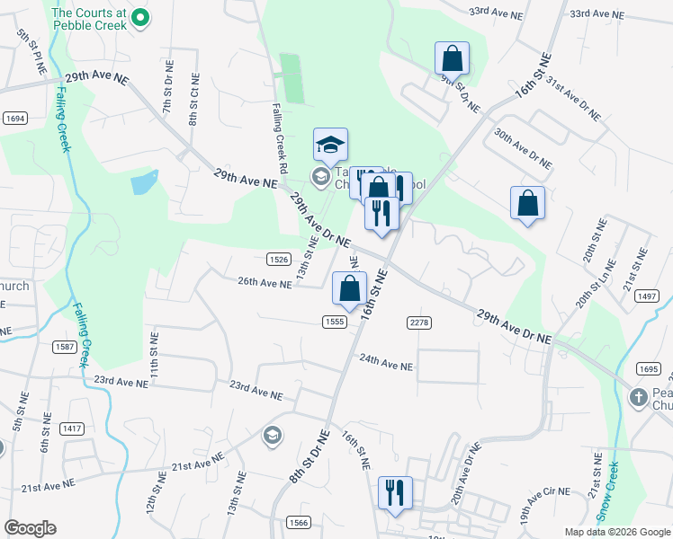map of restaurants, bars, coffee shops, grocery stores, and more near 2621 14th Street Northeast in Hickory