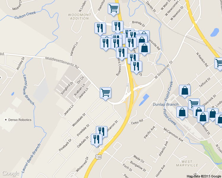 map of restaurants, bars, coffee shops, grocery stores, and more near 1145 Hunters Crossing in Alcoa